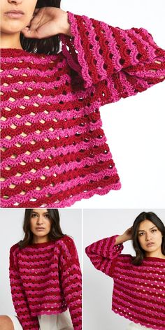 a woman is wearing a pink sweater with crochet on it and holding her hands behind her head