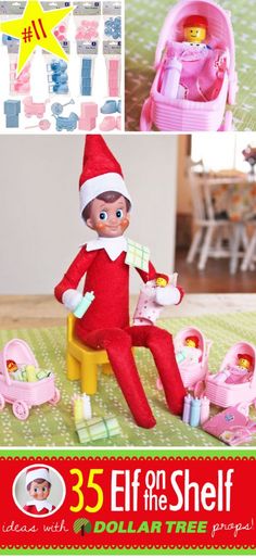 an elf is sitting on a chair with toys in the background and text that reads, 35