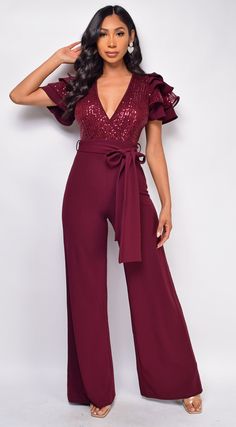 Laila Burgundy Red Sequin Jumpsuit – Emprada Red Jumpsuits Outfit, Red Sequin Jumpsuit, Red Lace Jumpsuit, Jumpsuit Outfit Wedding, Black Sequin Jumpsuit, Black Lace Jumpsuit, Leopard Print Jumpsuit, Burgundy Jumpsuit, Collar Jumpsuit