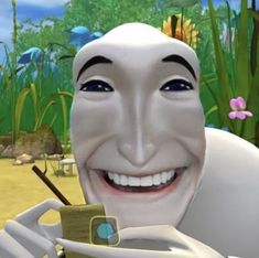 a cartoon character holding a cell phone in front of his face and smiling at the camera