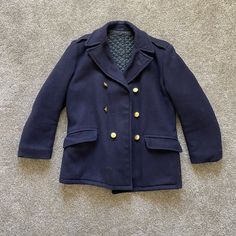 Super Thick Navy Blue Peacoat. Lined Throughout. Very Warm And Well-Made. Buttons Have “Christian Brothers Academy” Stamped On Them With A Crest. Measured Flat: Pit To Pit - 21” Sleeve Length -23” Length Down Back - 29” Wool Peacoat, Blue Wool, Vintage Jacket, Vintage Wool, Kids Jacket, Thrift Store, Vintage Children, Navy Blue, Vintage Ladies