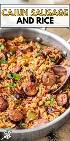 a large pan filled with sausage and rice