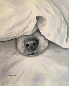 a painting of a dog's face peeking out from under the covers on his bed