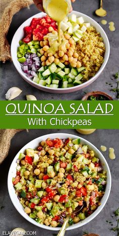 two bowls filled with quinoa salad and garnished with chickpeas