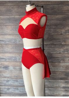 a mannequin wearing a red and white bikinisuit with an attached bra top