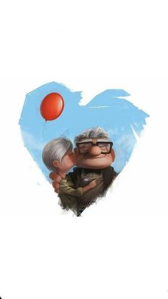 an older couple kissing in front of a heart shaped balloon