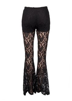 You're a vision in lace in these stunning pants! The sheer bell bottom pants are made out of gorgeous black lace and offer alluring flashes of skin. The top part is lined with shorts and has an elastic waist. Flirty flare features a slender fit through hip and thigh with a dramatic flared leg for some retro appeal. Easy pull-on style. Available in sizes S, M, and L. Made out of 90% nylon and 10% spandex and 100% polyester (contrast). For a chic edge to a classic silhouette, these pants are perfe Lace Flare Pants For Party, Party Bottoms With Lace Trim And Stretch, Lace Flare Bottoms For Party, Flare Lace Bottoms For Party, Party Lace Wide Leg Pants, Stretch Lace Party Pants, Party Lace Stretch Pants, Party Wide Leg Lace Pants, Wide Leg Lace Pants For Party