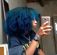 Dyed Curly Hair Ideas Colour Blue, Blue Hair Dye Black Women, Blue Hair Color Black Women, Hair Dye On Black Women, Blue Natural Hair Black Women, Blue Afro Hair, Blue Curly Hair, Blue Natural Hair