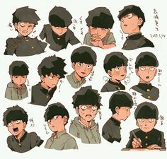 an anime character's face expressions are shown in various poses, including the head and shoulders