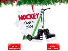 hockey ornament hanging on a christmas tree with free shipping from the holiday aisle