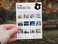 someone is holding up a wedding wish card with pictures on it and the words where are they?