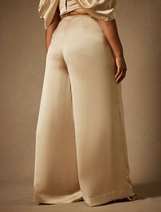 Bridal by ELOQUII Wide Leg Trouser | Women's Plus Size Pants | ELOQUII Solid Satin Pants With Elastic Waistband, Elegant Bottoms With Elastic Waistband, Elegant Stretch Bottoms With Satin Finish, Elegant Wide Leg Bottoms With Elastic Waistband, Spring Satin Bottoms With Elastic Waistband, Straight Leg Bottoms With Elastic Waistband For Evening, Formal Satin Pants For Spring, Formal Satin Stretch Bottoms, Elegant Formal Bottoms With Elastic Waistband