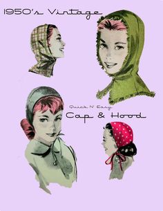 1950's Cap and Hood Quick N' Easy Sewing Pattern, Mid Century Sewing Hat Bonnet True Vintage Instant DIGITAL Download 7904 - Etsy Hooded Scarf Pattern, Vintage Clothes Patterns, Historical Hats, Sewing Hats, Hood Pattern, Making Patterns, Hat Patterns, Motif Vintage, Easy Sewing Patterns