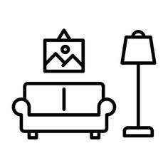 a black and white line drawing of a living room with a couch, lamp and tv