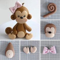 there are many different types of clay animals on the table, including a monkey with a pink bow