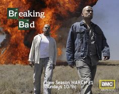 two men are walking in front of a large fire with the words breaking bad on it