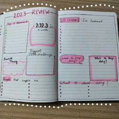 an open planner book with notes on the page and pink marker marks in each section