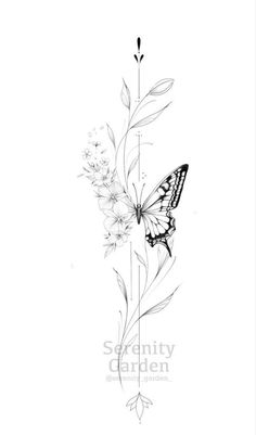 a black and white drawing of a butterfly on a flower with the words serenity garden written below it