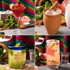 four different shots are shown with fruits and vegetables in the middle one is filled with liquid