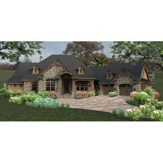 this is an artist's rendering of a house in the country style with stone and brick accents