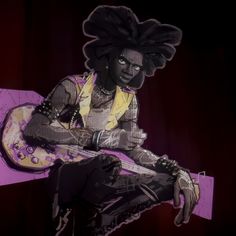 a man with dreadlocks sitting on top of a purple chair holding a guitar