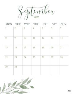 a calendar for the month of november with watercolor leaves and greenery on it