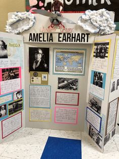 a bulletin board with pictures and information about the history of amelia earhart on it