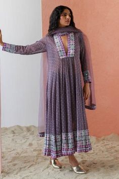 Shop for Surbhi Gupta Purple Georgette Printed Anarkali Set for Women Online at Aza Fashions Khatwork Kurti, Anarkali Georgette, Blaise Zabini, Purple Anarkali, Dresses Pattern, Printed Anarkali, Velvet Dress Designs, Embroidered Anarkali, Anarkali Dress Pattern