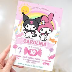 Editable birthday invitation with Sanrio's Kuromi and Melody characters Kuromi My Melody Birthday Theme, My Melody And Kuromi Birthday Party, My Melody Invitation, Sanrio Themed Birthday Party, Sanrio Birthday Invitation, My Melody Birthday Invitation, Kuromi Invitation, Sanrio Invitation, Kuromi Birthday Invitation