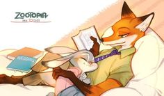 a fox and rabbit laying in bed with books on their backs, reading to each other