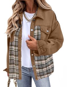 PRICES MAY VARY. SIZE GUIDE: S=US 4-6, M=US 8-10, L=US 12-14, XL=US 16-18.This jackets for women is made of denim fabric, which is comfortable and soft, with a great texture and durability. Solid color denim fabric with plaid splicing design, unique and stylish, button front closure, casually and lazily. Oversized denim jacket women, must-have items for fashionable women. Easy to Match: This plaid jacket for women is comfortable and versatile, it can be easily paired with t-shirts, tank, jeans, Trendy Denim Jacket, Plaid Jeans, Patchwork Denim Jacket, Trendy Denim, Single Breasted Coat, Jean Jacket Women, Oversized Denim Jacket, Long Sleeve Plaid, Denim Jacket Women