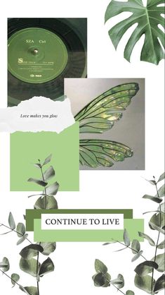 a collage of green and white items with the words continue to live on them