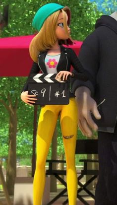 a cartoon character is holding a sign in front of a man wearing yellow tights