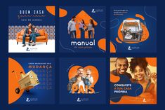 an orange and blue brochure with images of people in different places on it