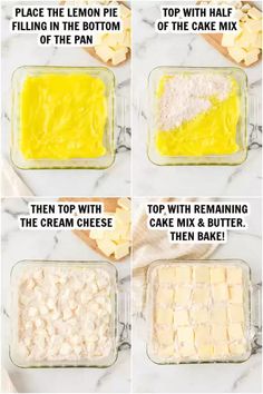 steps to make cake batter in a glass baking dish on a white marble counter top