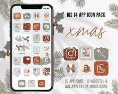 an iphone with christmas icons on it and the text, app icon pack xmas