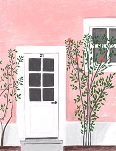 a painting of a door and two trees in front of a pink house with white trim