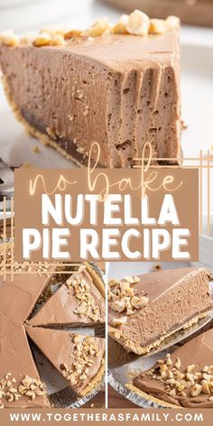 a slice of nutella pie on a plate with the text overlay reads, no bake nutella pie recipe