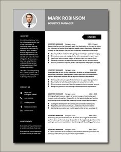 a professional resume template with black and white colors, includes an image of a man's face