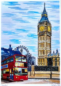 a painting of the big ben clock tower in london, england with a red double decker bus passing by