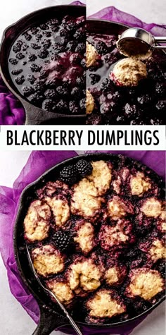 blueberry dumplings in a cast iron skillet with the words blackberry dumplings above it