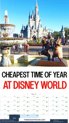 Cinderella Castle at Disney World with a calendar displaying the cheapest dates in August 2022. Family Trip To Disney World, Saving For Disney, Save For Disney In A Year, Best Time To Go To Disney World