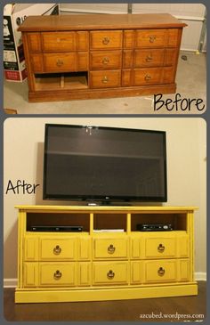 before and after photos of an old tv stand