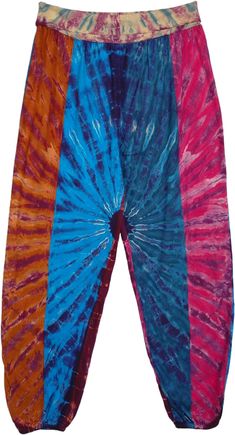 Fabulous bohemian festival vibe. tie dye cotton t-shirt fabric patchwork harem pants with elastic hem/cuffs on the ankles. The vertical style patchwork elongates your silhouette. Light and fun, nice and breezy gypsy, hippie style harem pants for hot summer days, yard selling, flea market shopping, music concerts to summer festival these pants are a good fit anywhere. Length: 38", inseam 31" ; Waist: 28"- 36" (S/M) ; Material: 100% Cotton Tie Dye Hippie Harem Pants For Festivals, Hippie Tie Dye Harem Pants For Festivals, Tie-dye Hippie Harem Pants For Festivals, Bohemian Tie Dye Harem Pants For Festival, Bohemian Tie-dye Harem Pants For Festivals, Multicolor Hippie Harem Pants, Casual Multicolor Harem Pants For Festivals, Hippie Multicolor Harem Pants For Festivals, Whimsigoth Clothes