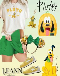 a woman in green shorts and white shirt with pluto mouse ears on her head, yellow backpack