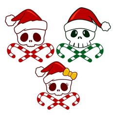 three skulls wearing santa hats and candy canes