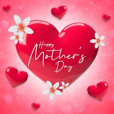 happy mother's day card with hearts and flowers on pink background, 3d illustration