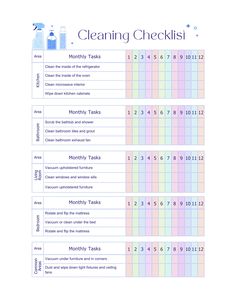 the cleaning checklist is shown in blue and pink