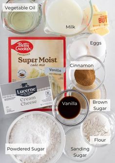 ingredients needed to make an ice cream cake on a white background with text overlay