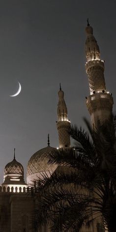 the moon is seen over an ornate building with domes and minas on it's sides